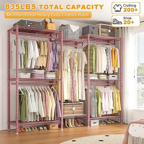 Raybee Pink Clothes Rack, Heavy Duty Clothing Racks For Hanging Clothes Load 835LBS, Metal Freestanding Closet, Clothing Rack Heavy Duty Garment Rack, Sturdy Clothes Rack, 77" H*75" W*17.8" D, Pink 3 Raybee Pink Clothes Rack, Heavy Duty Clothing Racks For Hanging Clothes Load 835LBS, Metal Freestanding Closet, Clothing Rack Heavy Duty Garment Rack, Sturdy Clothes Rack, 77" H*75" W*17.8" D, Pink - Image 3