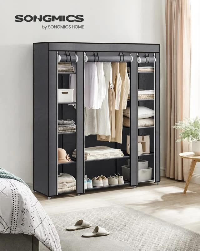 SONGMICS Closet Wardrobe, Portable Closet For Bedroom, Clothes Rail With Non-Woven Fabric Cover, Clothes Storage Organizer, 59 X 17.7 X 69 Inches, 12 Compartments, Gray ULSF03G 2 SONGMICS Closet Wardrobe, Portable Closet For Bedroom, Clothes Rail With Non-Woven Fabric Cover, Clothes Storage Organizer, 59 X 17.7 X 69 Inches, 12 Compartments, Gray ULSF03G - Image 2
