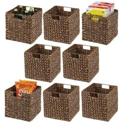 MDesign Natural Woven Hyacinth Cube Organizer Basket With Handles - Storage For Kitchen Cabinet Or Pantry Shelf, Perfect For Cubby Storage Units, Holds Snacks Or Small Appliances, 8 Pack, Brown Wash