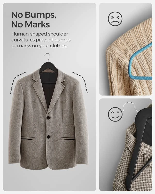 SONGMICS Rubber Coated Wooden Hangers, 20-Pack Clothes Wood Hangers, Non-Slip Coat Hangers, Rubber Hangers With Shoulder Grooves And 360° Swivel Hook, For Suits Shirts Coats, Black UCRW011B02 3 SONGMICS Rubber Coated Wooden Hangers, 20-Pack Clothes Wood Hangers, Non-Slip Coat Hangers, Rubber Hangers With Shoulder Grooves And 360° Swivel Hook, For Suits Shirts Coats, Black UCRW011B02 - Image 3