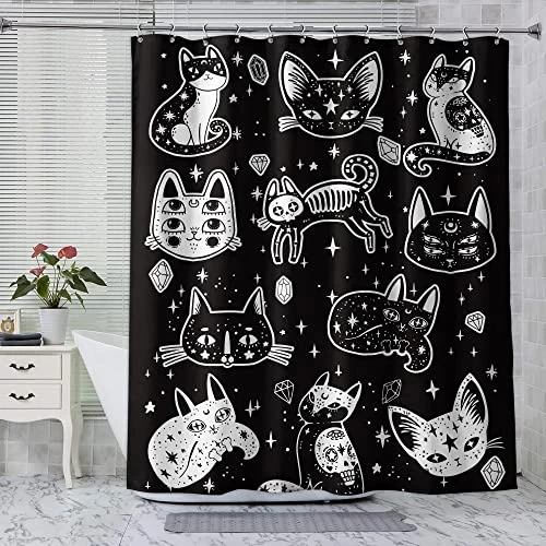 Black White Cats Shower Curtain Halloween Ghost Kitten Skull 60Wx72L Inch Mystic Spooky Cats Art Painting 12 Pack Hooks Polyester Waterproof Fabric Bathroom Bathtub Panels 2 Black White Cats Shower Curtain Halloween Ghost Kitten Skull 60Wx72L Inch Mystic Spooky Cats Art Painting 12 Pack Hooks Polyester Waterproof Fabric Bathroom Bathtub Panels - Image 2