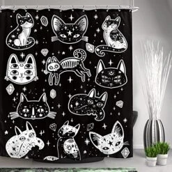 Black White Cats Shower Curtain Halloween Ghost Kitten Skull 60Wx72L Inch Mystic Spooky Cats Art Painting 12 Pack Hooks Polyester Waterproof Fabric Bathroom Bathtub Panels