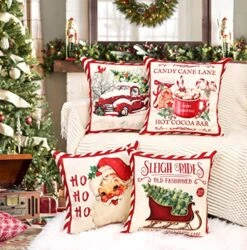 4TH Emotion Red Christmas Pillow Covers 18x18 Set Of 4 Farmhouse Christmas Decorations Cocoa Sleigh Rides Truck With Tree Santa Claus Winter Holiday Decor Throw Cushion Case For Home Couch TH065-18 -GENERIC Shop 61r1AZF6XYL