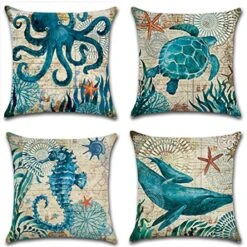 ULOVE LOVE YOURSELF Mediterranean Style Throw Pillow Case Sea Theme Decorative Square Cotton Linen Coastal Cushion Cover For 18 X 18 Inch Pillow Inserts, 4Pack Nautical Pillow Covers