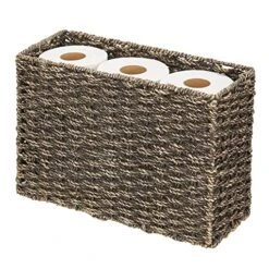 MDesign Rustic Farmhouse Woven Seagrass Toilet Paper Holder Basket - Large Storage Organizer Tank Topper For Bathroom Counter Or Top Of Toilet - Holds 6 Rolls Of Toilet Paper - Black Wash