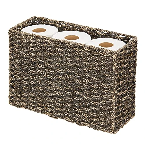 MDesign Rustic Farmhouse Woven Seagrass Toilet Paper Holder Basket - Large Storage Organizer Tank Topper For Bathroom Counter Or Top Of Toilet - Holds 6 Rolls Of Toilet Paper - Black Wash 1 MDesign Rustic Farmhouse Woven Seagrass Toilet Paper Holder Basket - Large Storage Organizer Tank Topper For Bathroom Counter Or Top Of Toilet - Holds 6 Rolls Of Toilet Paper - Black Wash