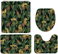 Pard Leaf Shower Curtain 4pcs Set Tropical Jungle Plant Animal Cheetah Tiger Green Palm Leaves Safari Rainforest Decor Bath Mat Rug Toilet Lid Cover U Shape Mat -GENERIC Shop 61zls6YVENL. AC