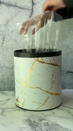 Huaqinglian Small Office Trash Can Garbage Can Metal Open Top Wastebasket Bin With Removable Gold Ring Which For Hold Garbage Bag For Bathroom,Living Room,Bedroom Using (White Gold Marble) -GENERIC Shop 71sbuRpnxBL