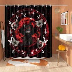 Funny Cat Shower Curtain, Goth Shower Curtain, Satanic Cat Pentagram Death Black Metal Durable Bathroom Curtains Waterproof Polyester Fabric Shower Curtains With 12 Hooks,60X90IN Black Red -GENERIC Shop 71z2K2rTRIL